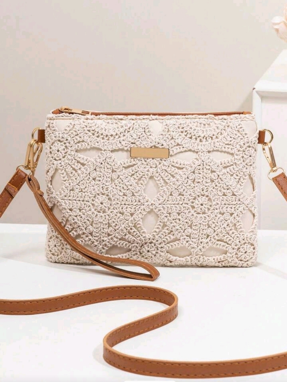 Cream Crochet Crossbody Bag with Tan Strap